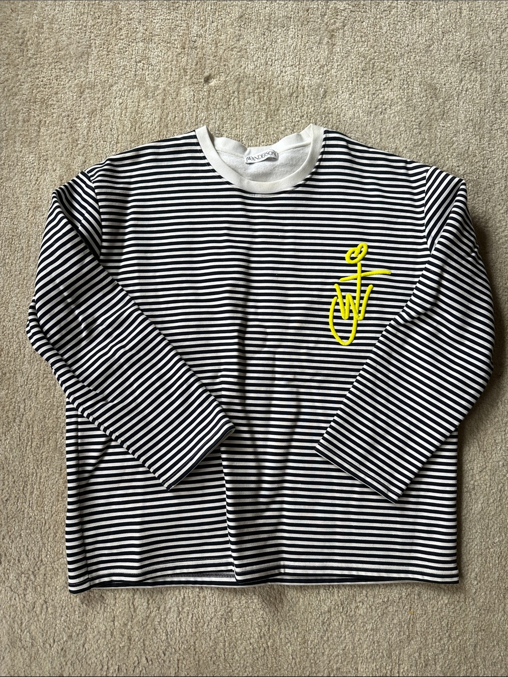 JW ANDERSON Mens Black & White Striped Long-Sleeve Tee w/ Yellow Logo Signature